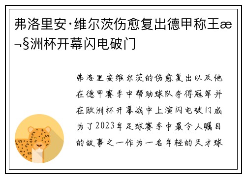 弗洛里安·维尔茨伤愈复出德甲称王欧洲杯开幕闪电破门