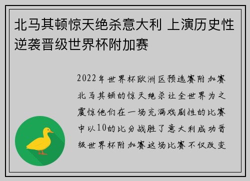 北马其顿惊天绝杀意大利 上演历史性逆袭晋级世界杯附加赛